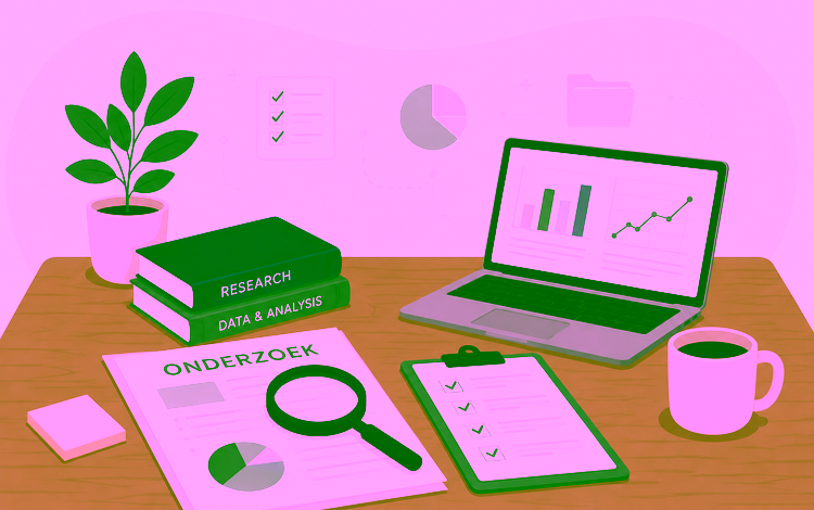 Tafel met boeken, een laptop, en artikelen, gerelateerd aan het doenvan onderzoek